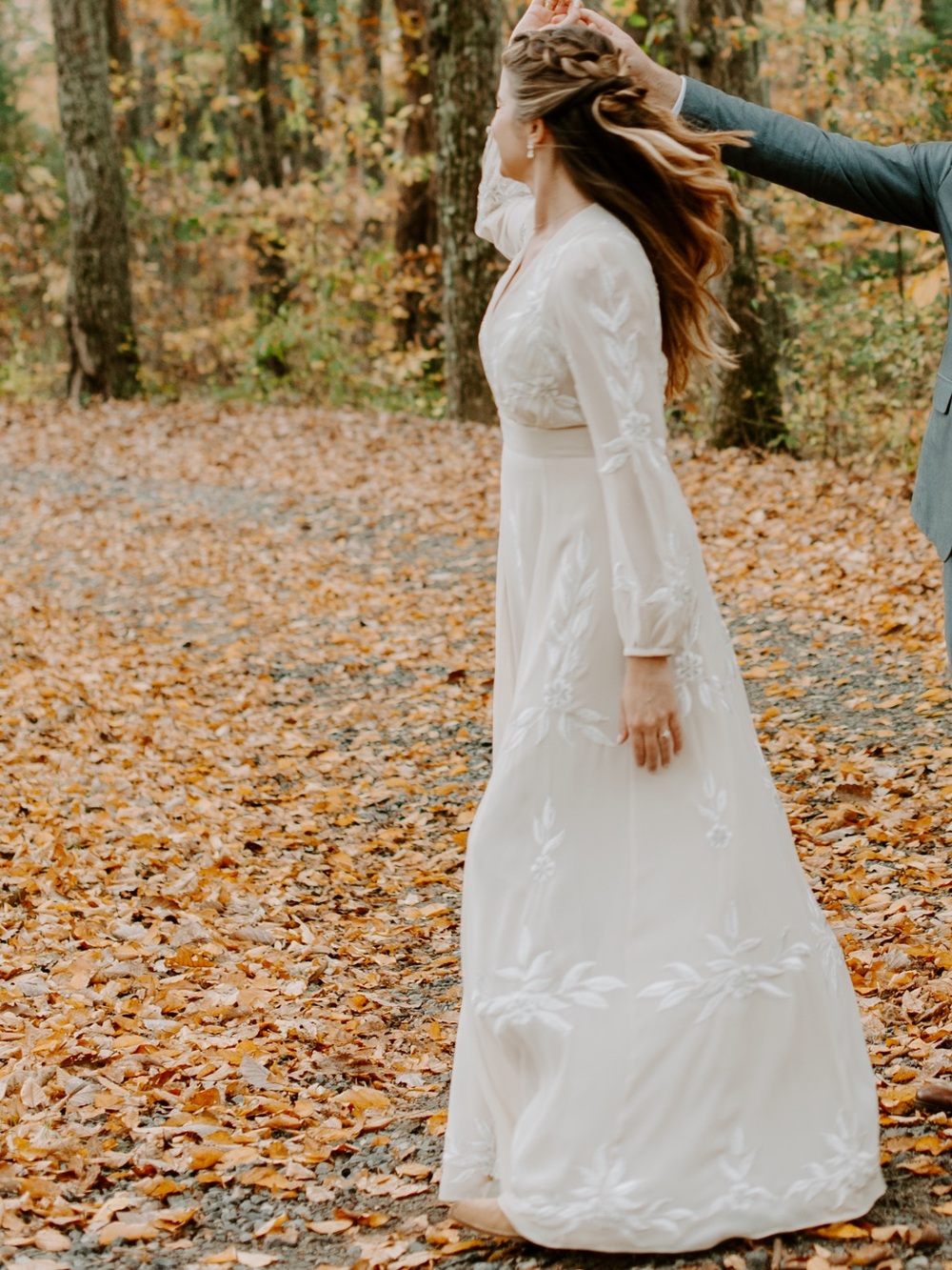 BHLDN Belize Embroidered A-Line Long-Sleeve V-Neck Gown - BEIGE (not champagne)